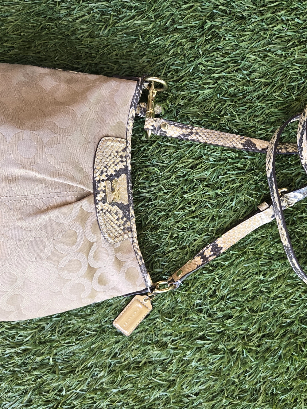 Coach Beige Signature Jacquard Shoulder Bag with Snakeskin-Print Trim